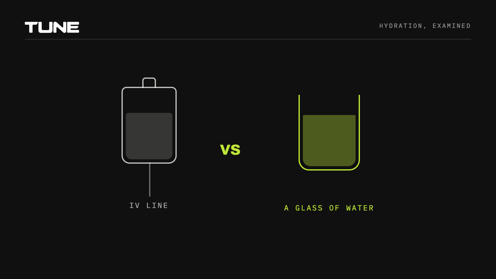 IV line versus a glass of water, compared