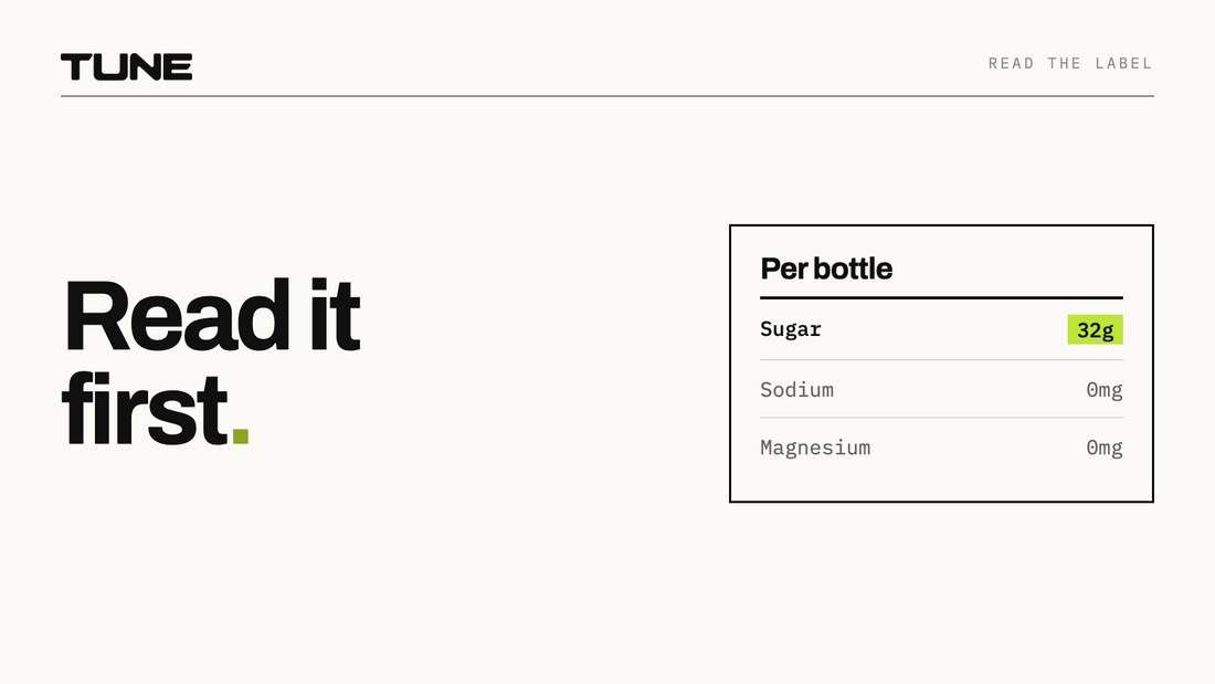 Vitaminwater label showing 32g sugar and no sodium or magnesium