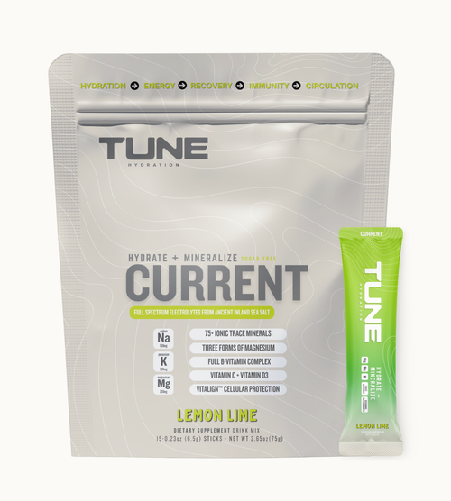 Tune Current Lemon Lime electrolyte, multivitamin, and antioxidant drink mix pouch, 15 stick packs with magnesium and 70+ trace minerals