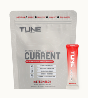 Tune Current Watermelon electrolyte, multivitamin, and antioxidant drink mix pouch, 15 stick packs with magnesium and 70+ trace minerals
