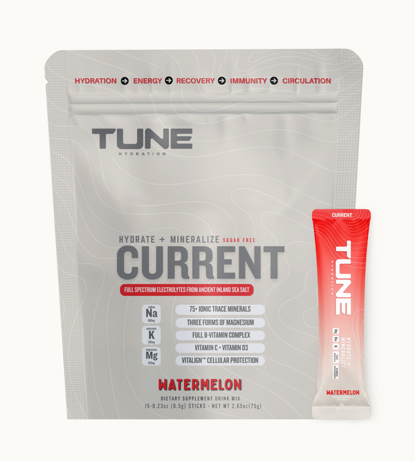Tune Current Watermelon electrolyte, multivitamin, and antioxidant drink mix pouch, 15 stick packs with magnesium and 70+ trace minerals