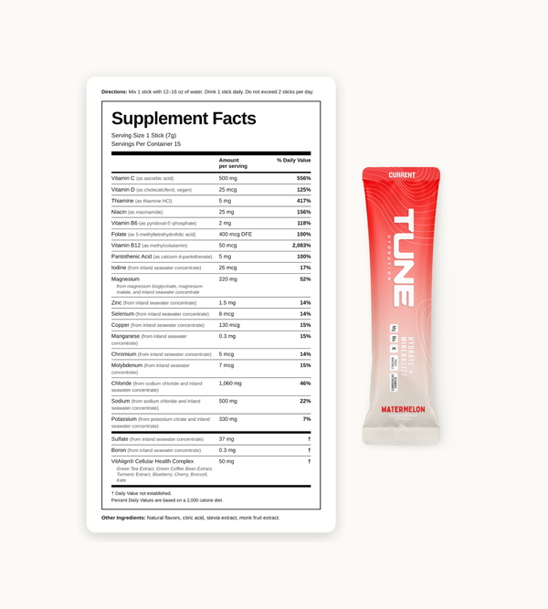 Tune Current Watermelon supplement facts label showing electrolytes, vitamins, antioxidants, magnesium, and 70+ trace minerals