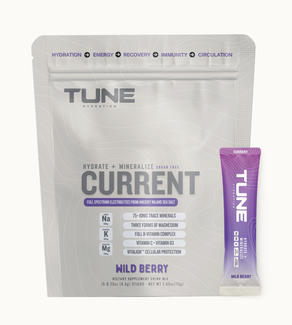 Tune Current Wild Berry electrolyte, multivitamin, and antioxidant drink mix pouch, 15 stick packs with magnesium and 70+ trace minerals