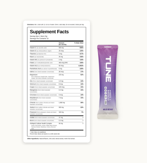 Tune Current Wild Berry supplement facts label showing electrolytes, vitamins, antioxidants, magnesium, and 70+ trace minerals