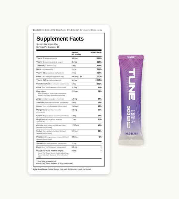 Tune Current Wild Berry supplement facts label showing electrolytes, vitamins, antioxidants, magnesium, and 70+ trace minerals
