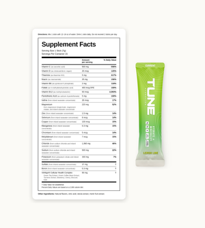 Tune Current Lemon Lime supplement facts label showing electrolytes, vitamins, antioxidants, magnesium, and 70+ trace minerals