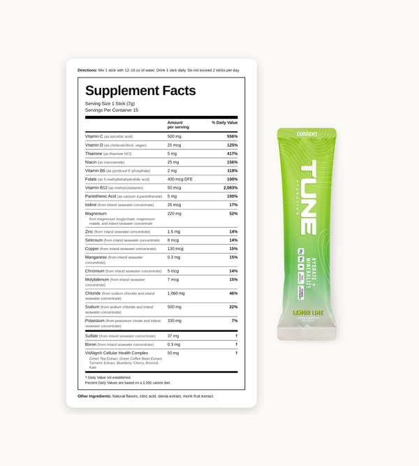 Tune Current Lemon Lime supplement facts label showing electrolytes, vitamins, antioxidants, magnesium, and 70+ trace minerals